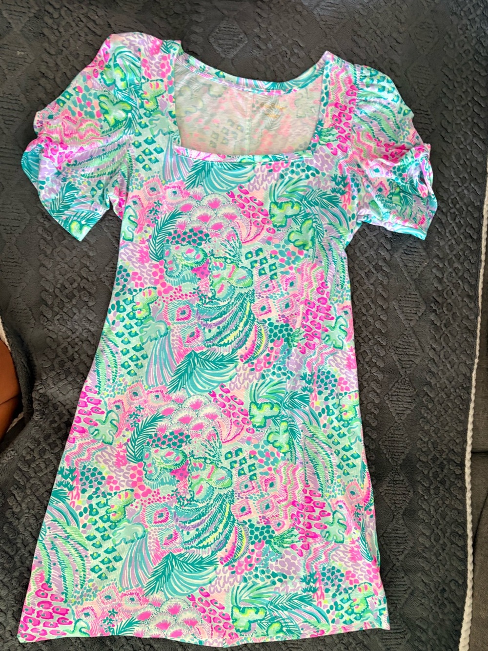 Lilly Pulitzer Pink, Green & Purple Tropical Print dress size L EUC!!!